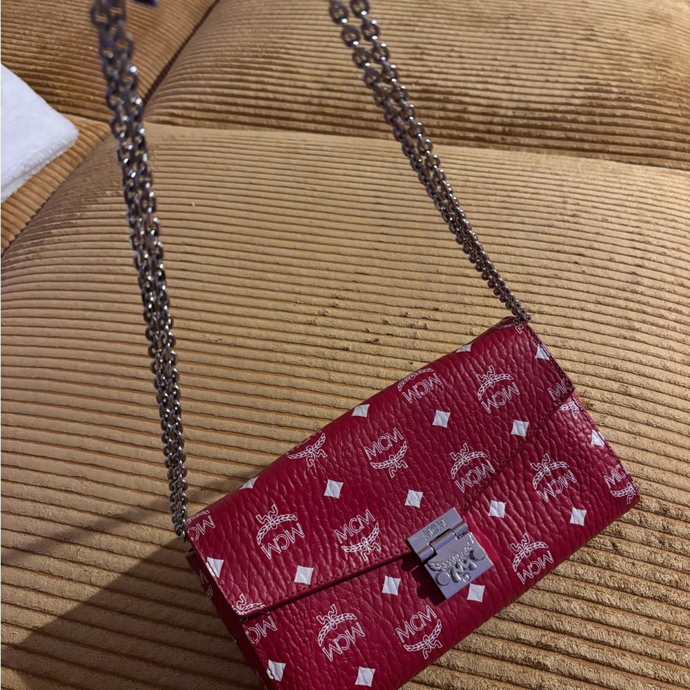 MCM Burgundy Crossbody Bag with Silver Chain